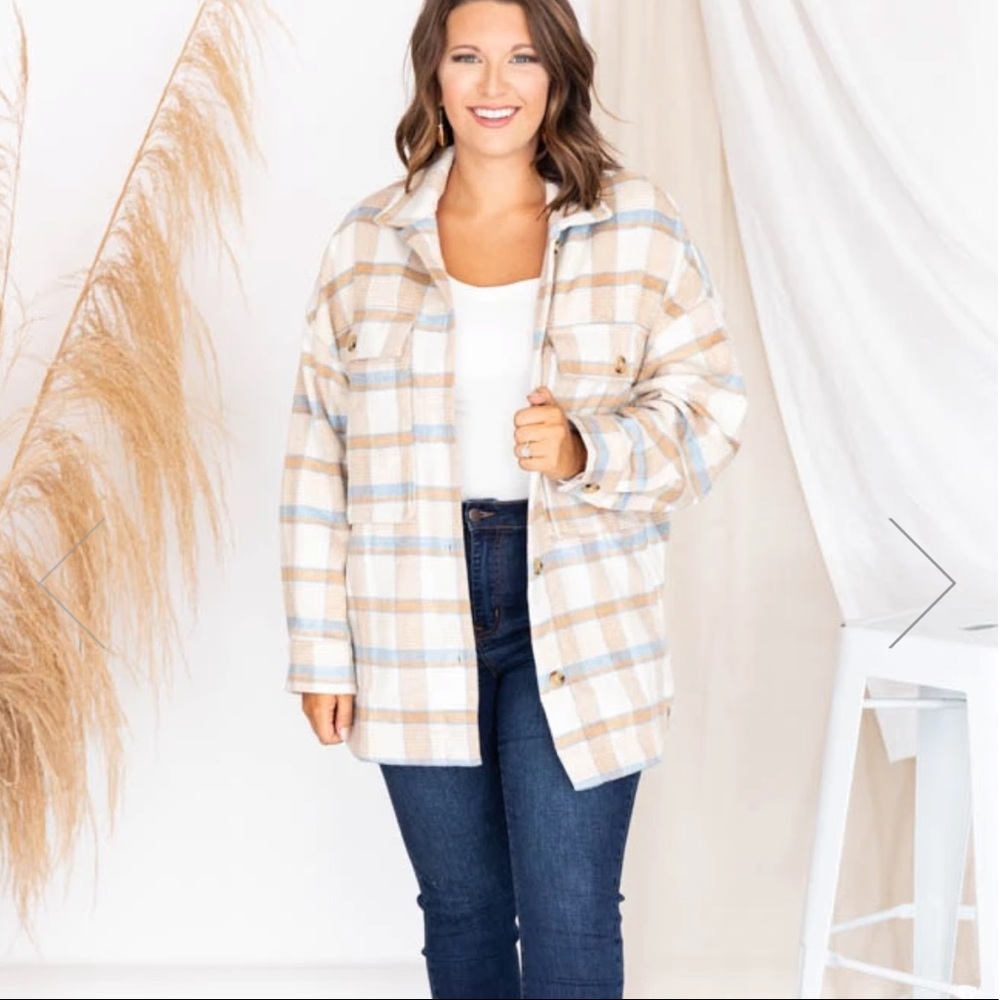 Pink Lily TAN/BLUE PLAID SHACKET
